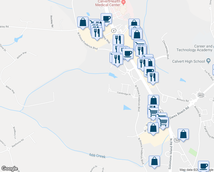 map of restaurants, bars, coffee shops, grocery stores, and more near 414 Cambridge Place in Prince Frederick