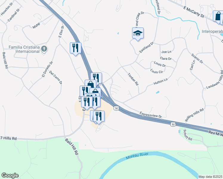 map of restaurants, bars, coffee shops, grocery stores, and more near 2100-2142 Expressview Drive in Jefferson City
