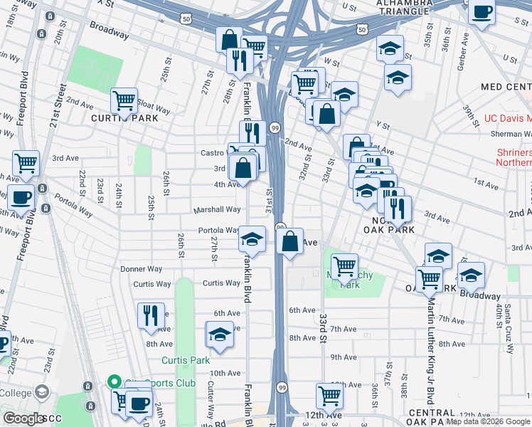 map of restaurants, bars, coffee shops, grocery stores, and more near 3054 Marshall Way in Sacramento