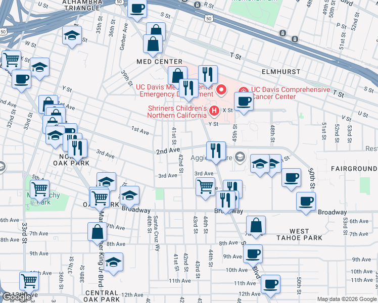 map of restaurants, bars, coffee shops, grocery stores, and more near 2750 42nd Street in Sacramento