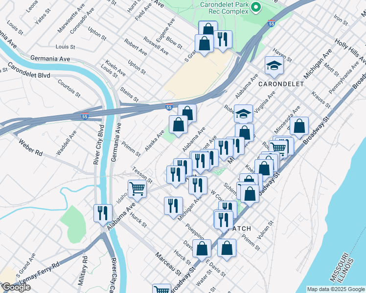 map of restaurants, bars, coffee shops, grocery stores, and more near 7621 Alabama Avenue in St. Louis