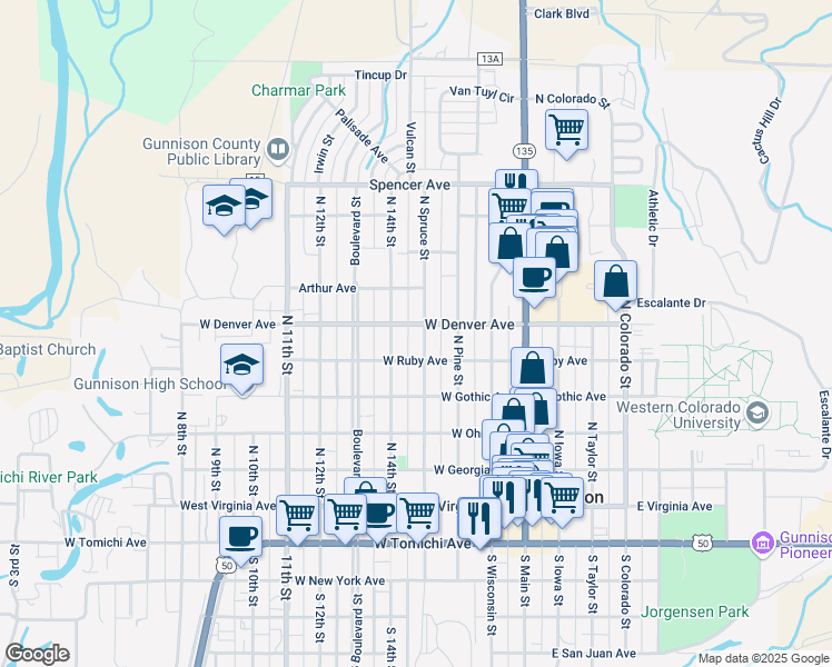 map of restaurants, bars, coffee shops, grocery stores, and more near 350-398 West Ruby Avenue in Gunnison
