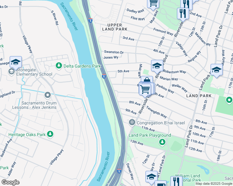 map of restaurants, bars, coffee shops, grocery stores, and more near 710 7th Avenue in Sacramento