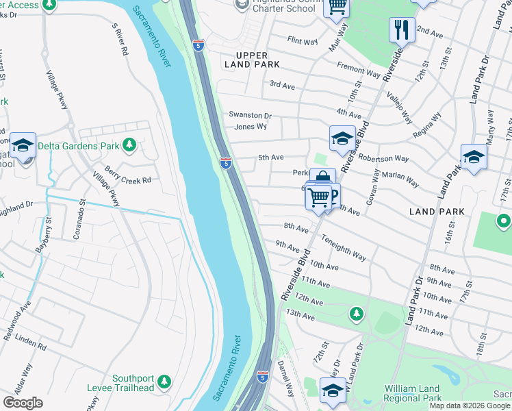 map of restaurants, bars, coffee shops, grocery stores, and more near 710 7th Avenue in Sacramento