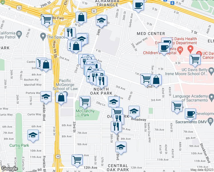 map of restaurants, bars, coffee shops, grocery stores, and more near 3642 3rd Avenue in Sacramento