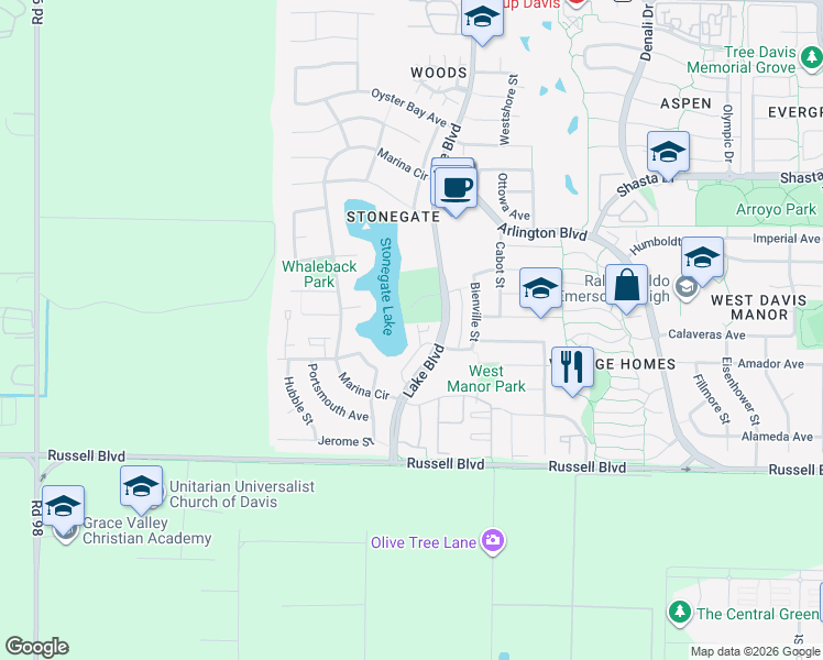 map of restaurants, bars, coffee shops, grocery stores, and more near 919 Lake Boulevard in Davis