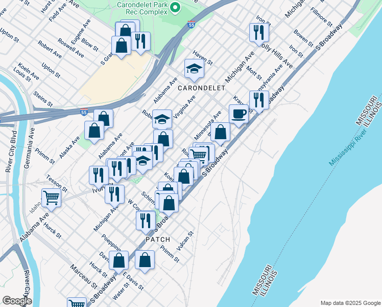 map of restaurants, bars, coffee shops, grocery stores, and more near 7200 Minnesota Avenue in St. Louis
