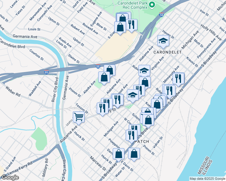 map of restaurants, bars, coffee shops, grocery stores, and more near 7505 Alabama Avenue in St. Louis