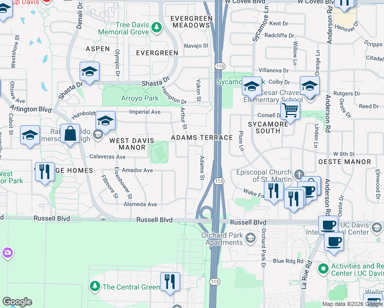 map of restaurants, bars, coffee shops, grocery stores, and more near 806 Arthur Street in Davis