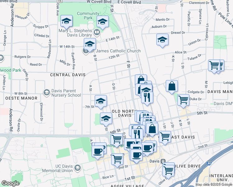 map of restaurants, bars, coffee shops, grocery stores, and more near 822 D Street in Davis