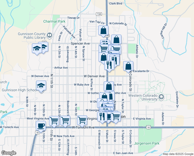 map of restaurants, bars, coffee shops, grocery stores, and more near 714 North Pine Street in Gunnison