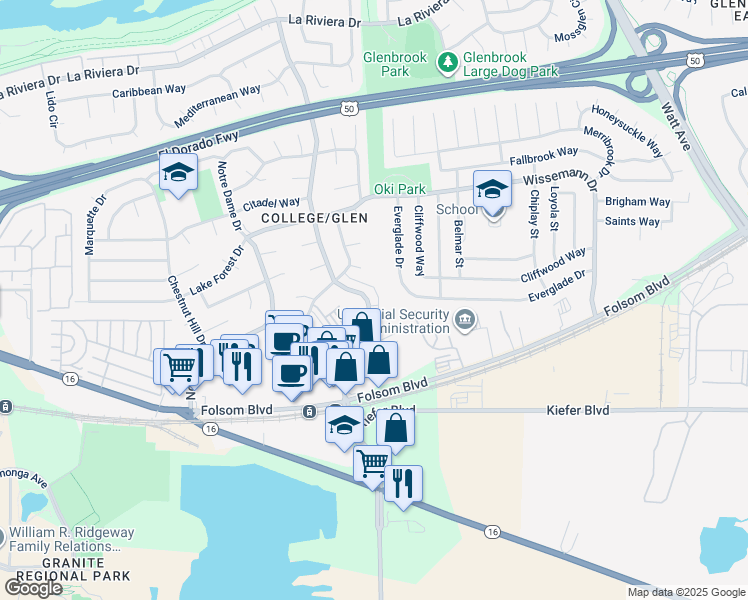 map of restaurants, bars, coffee shops, grocery stores, and more near 8522 Everglade Drive in Sacramento