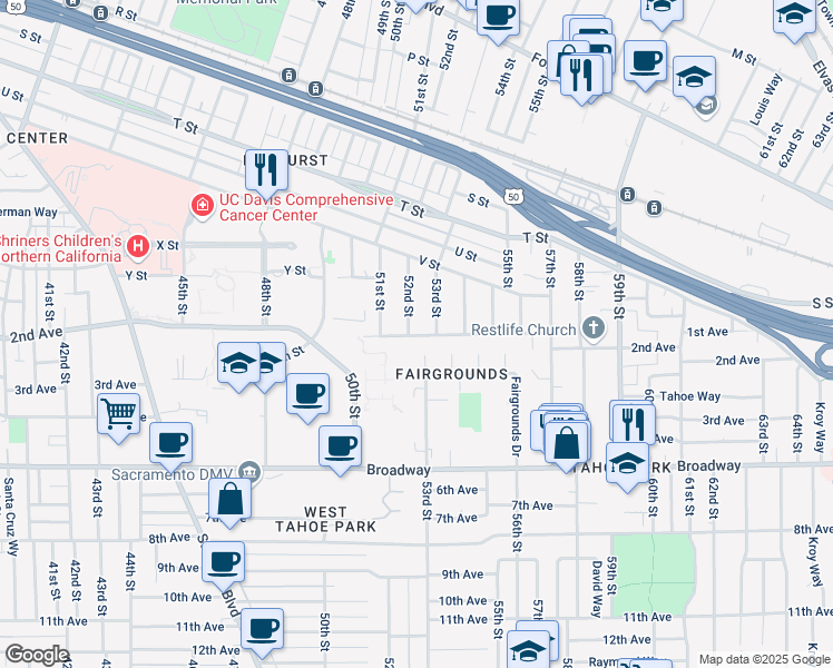 map of restaurants, bars, coffee shops, grocery stores, and more near 2555 52nd Street in Sacramento