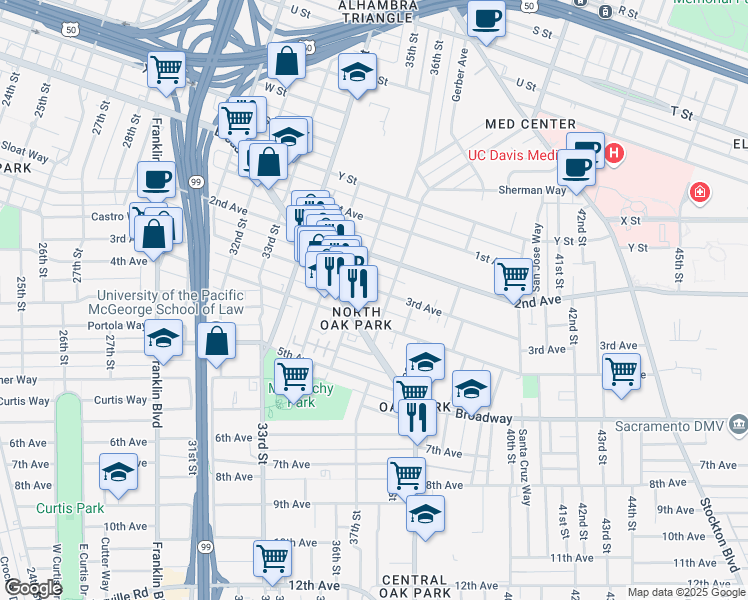 map of restaurants, bars, coffee shops, grocery stores, and more near 3601 3rd Avenue in Sacramento
