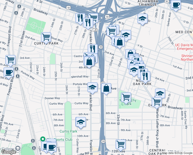 map of restaurants, bars, coffee shops, grocery stores, and more near 2942 31st Street in Sacramento