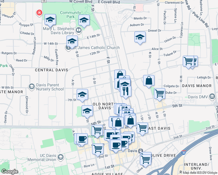 map of restaurants, bars, coffee shops, grocery stores, and more near 615-A/B East 8th Street in Davis
