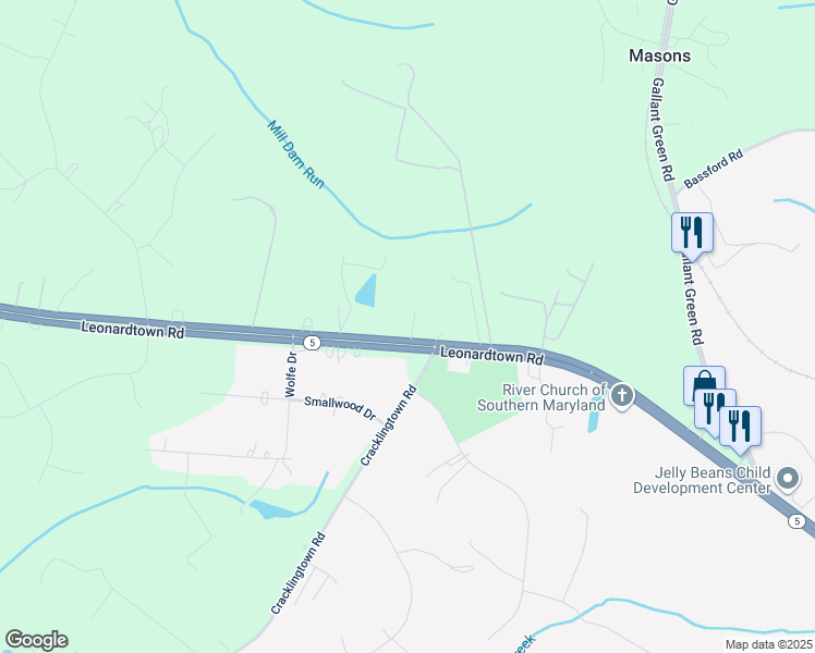 map of restaurants, bars, coffee shops, grocery stores, and more near 7364 Leonardtown Road in Hughesville