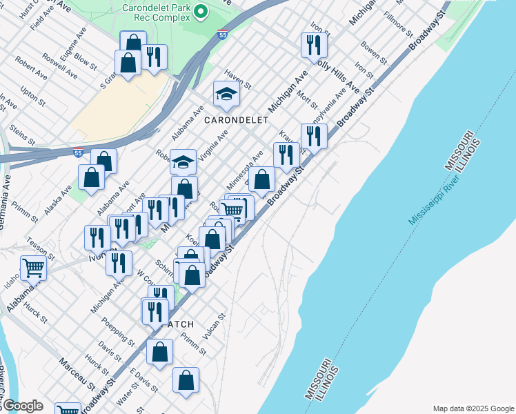 map of restaurants, bars, coffee shops, grocery stores, and more near 7119 South Broadway in Saint Louis