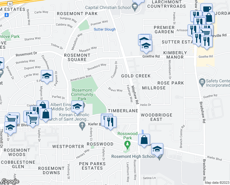 map of restaurants, bars, coffee shops, grocery stores, and more near 9436 Bravo Way in Sacramento