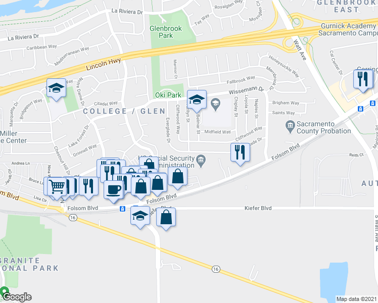 map of restaurants, bars, coffee shops, grocery stores, and more near Everglade Dr & Terilyn St in Sacramento