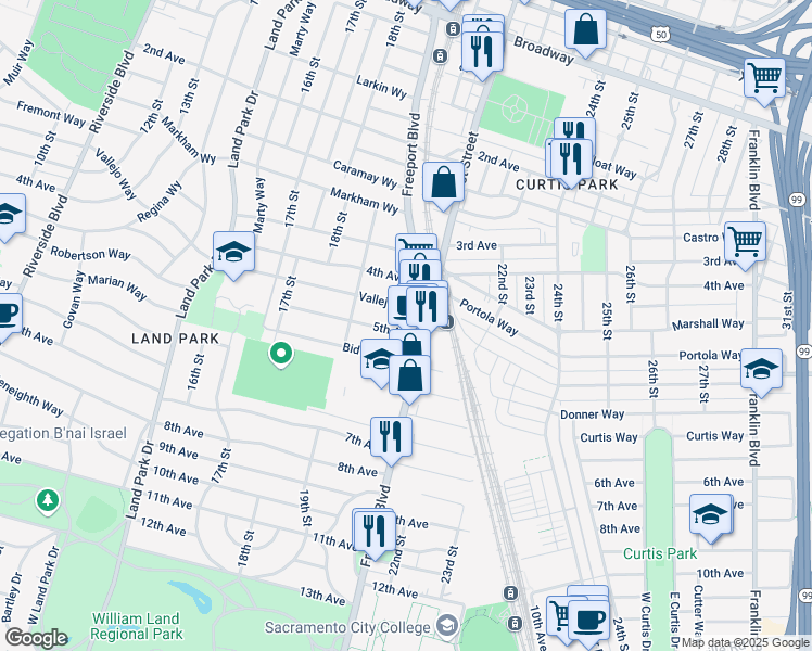 map of restaurants, bars, coffee shops, grocery stores, and more near 2033 Vallejo Way in Sacramento