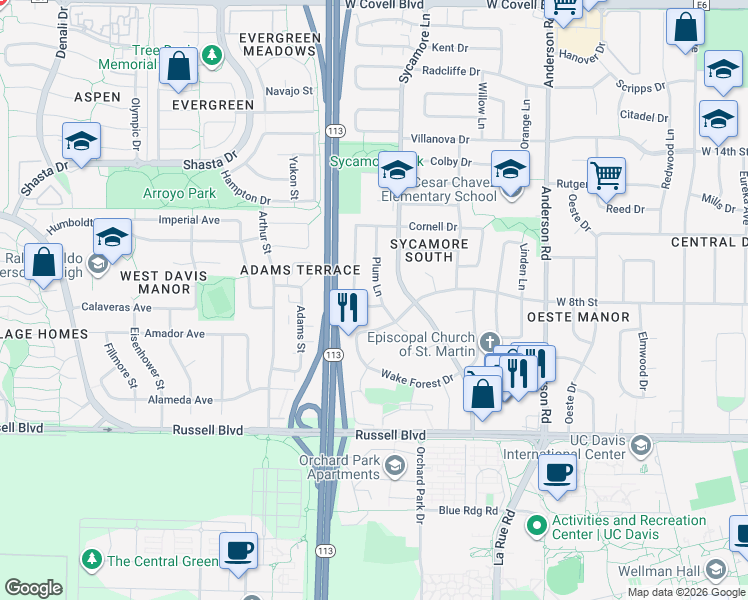map of restaurants, bars, coffee shops, grocery stores, and more near 800 Acacia Lane in Davis