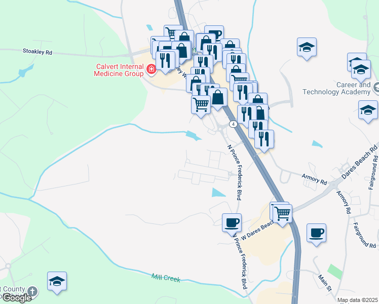 map of restaurants, bars, coffee shops, grocery stores, and more near 419 Cambridge Place in Prince Frederick