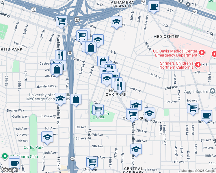 map of restaurants, bars, coffee shops, grocery stores, and more near 3500 Broadway in Sacramento
