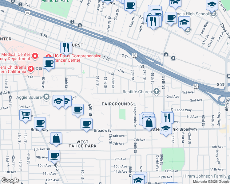 map of restaurants, bars, coffee shops, grocery stores, and more near 2600 54th Street in Sacramento