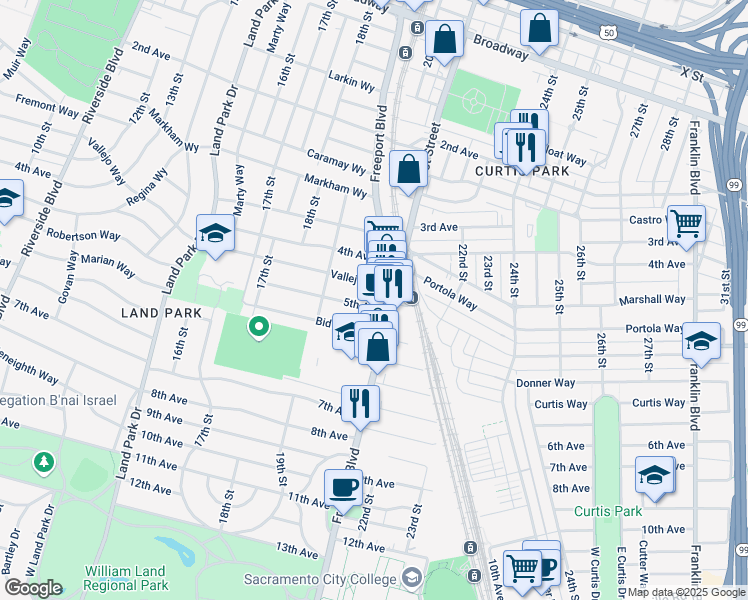 map of restaurants, bars, coffee shops, grocery stores, and more near 2033 Vallejo Way in Sacramento