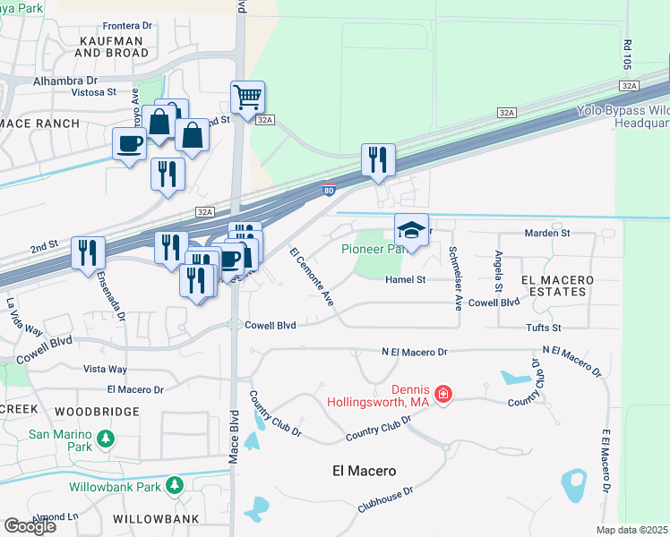 map of restaurants, bars, coffee shops, grocery stores, and more near 5050 Glide Drive in Davis