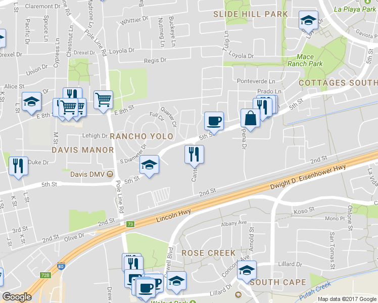map of restaurants, bars, coffee shops, grocery stores, and more near 675 Cantrill Drive in Davis