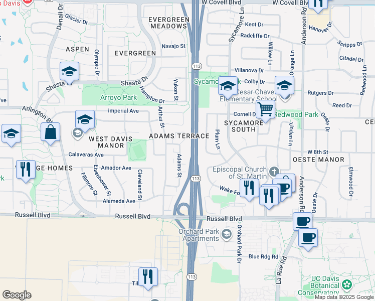 map of restaurants, bars, coffee shops, grocery stores, and more near 800 Adams Street in Davis