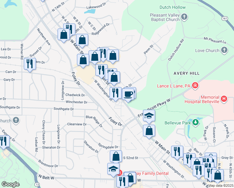 map of restaurants, bars, coffee shops, grocery stores, and more near 17 North 60th Street in Belleville