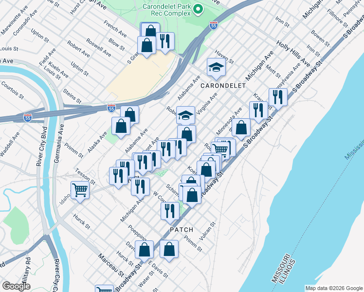 map of restaurants, bars, coffee shops, grocery stores, and more near 7320 Virginia Avenue in St. Louis