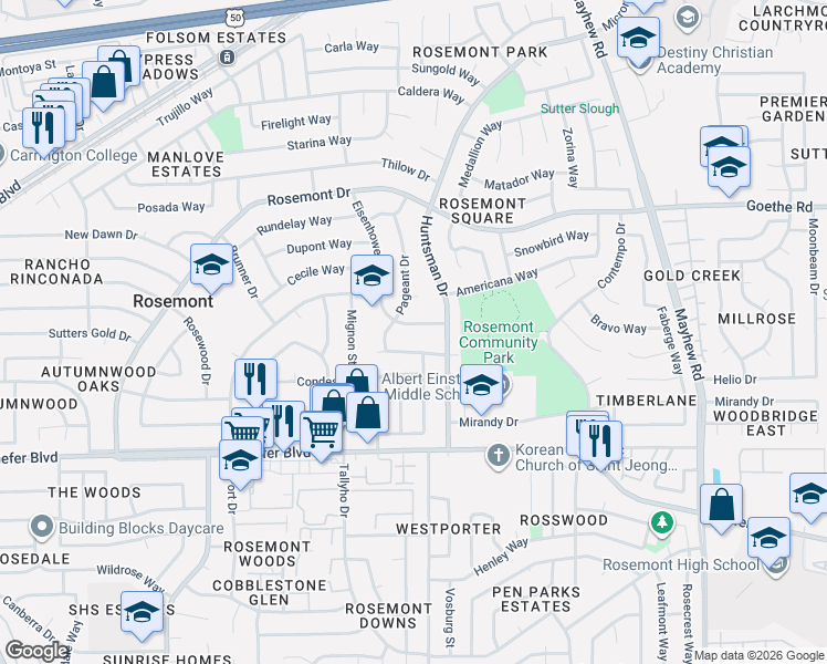map of restaurants, bars, coffee shops, grocery stores, and more near 3536 Eisenhower Drive in Sacramento