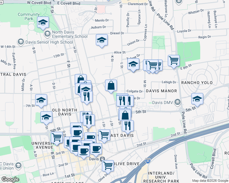 map of restaurants, bars, coffee shops, grocery stores, and more near 1206 Covell Place in Davis