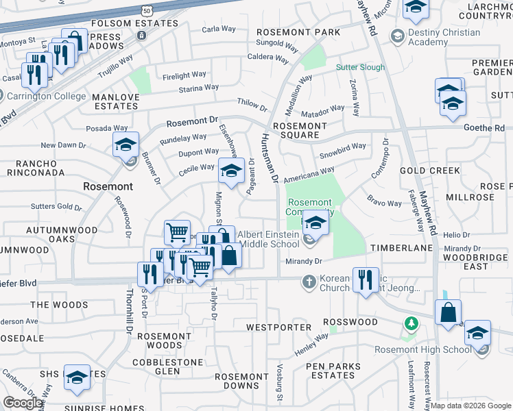 map of restaurants, bars, coffee shops, grocery stores, and more near 3536 Eisenhower Drive in Sacramento