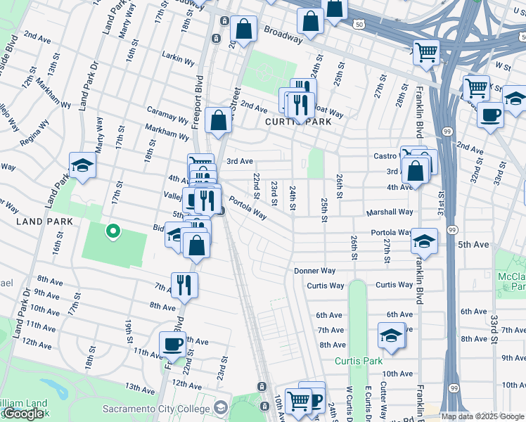 map of restaurants, bars, coffee shops, grocery stores, and more near 2227 Portola Way in Sacramento