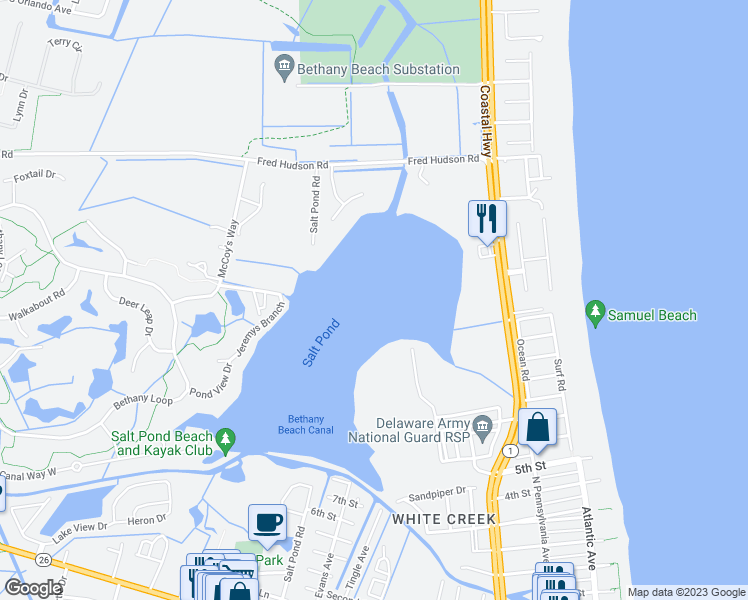map of restaurants, bars, coffee shops, grocery stores, and more near 425 Salt Pond Road in Bethany Beach