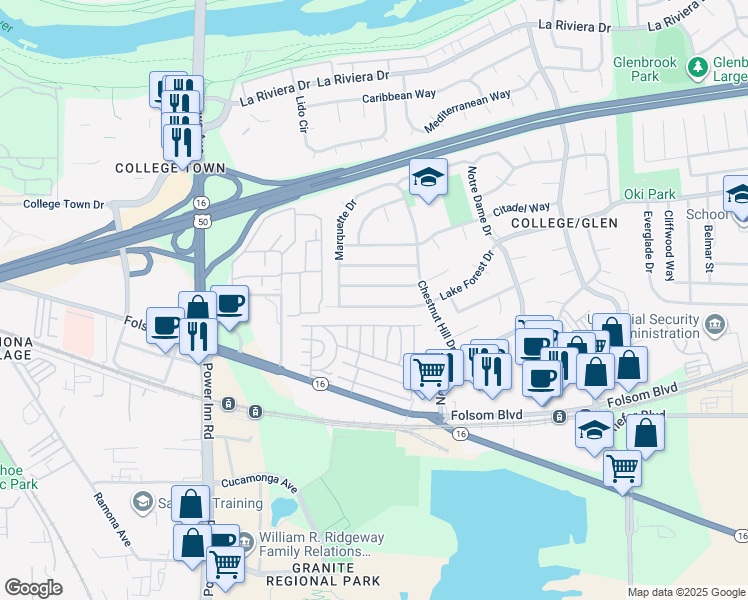 map of restaurants, bars, coffee shops, grocery stores, and more near 8225 Lake Forest Drive in Sacramento