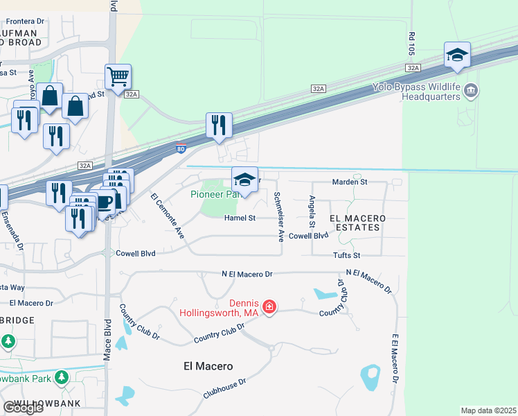 map of restaurants, bars, coffee shops, grocery stores, and more near 5215 Hamel Street in Davis