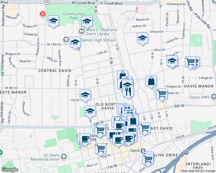 map of restaurants, bars, coffee shops, grocery stores, and more near 615-A/B East 8th Street in Davis