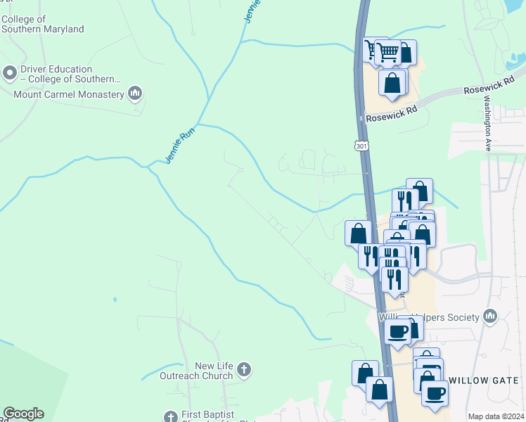 map of restaurants, bars, coffee shops, grocery stores, and more near 9210 Parkway Subdivision Road in La Plata