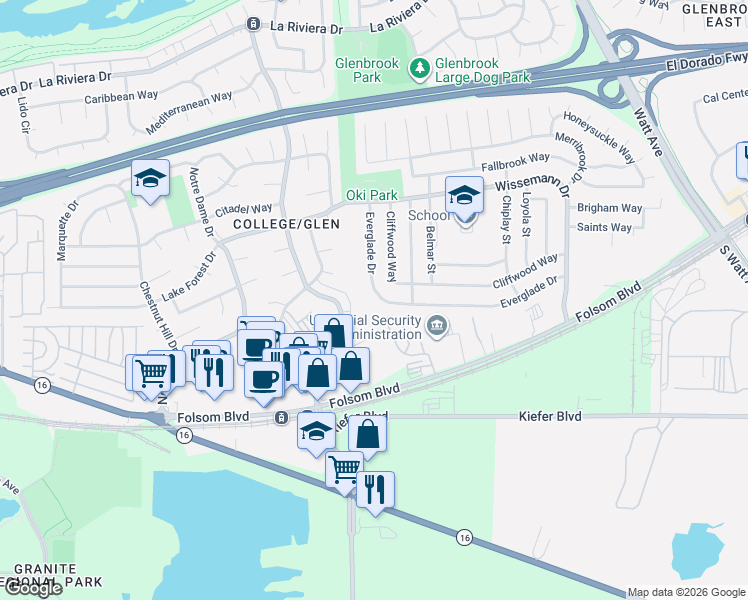 map of restaurants, bars, coffee shops, grocery stores, and more near 8522 Everglade Drive in Sacramento