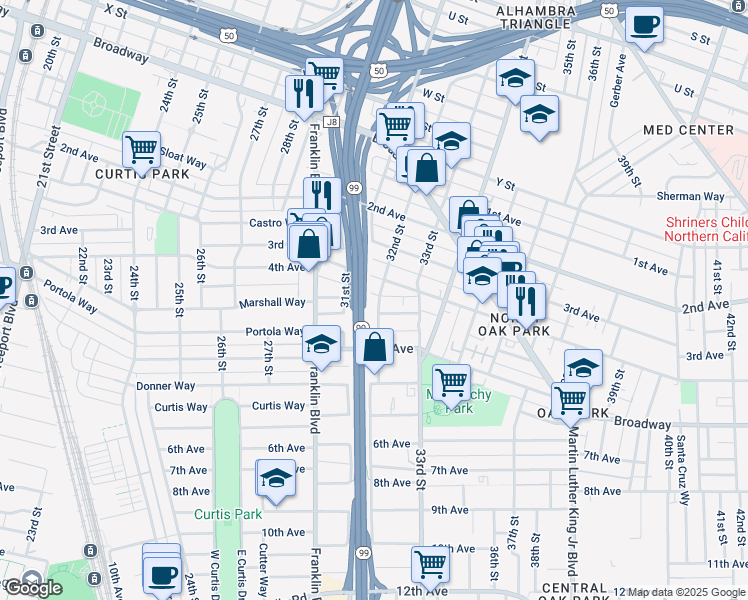 map of restaurants, bars, coffee shops, grocery stores, and more near 2910 32nd Street in Sacramento