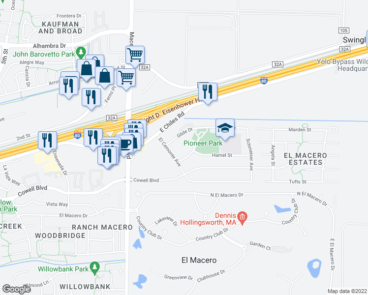 map of restaurants, bars, coffee shops, grocery stores, and more near 5042 Glide Drive in Davis
