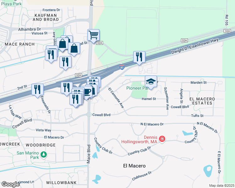 map of restaurants, bars, coffee shops, grocery stores, and more near in Davis