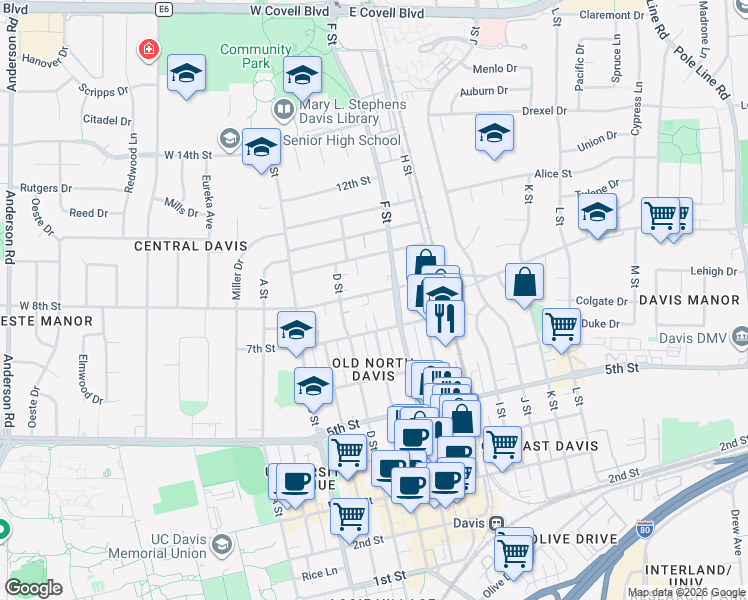 map of restaurants, bars, coffee shops, grocery stores, and more near 615-A/B East 8th Street in Davis