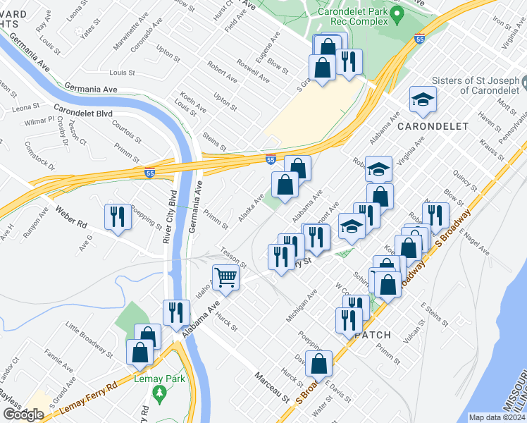 map of restaurants, bars, coffee shops, grocery stores, and more near 7705 Alaska Avenue in St. Louis
